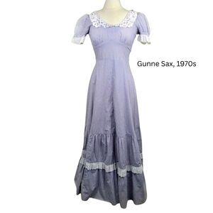 Vtg 70s Gunne Sax Maxi dress cotton lace collar gingham blue check  XS